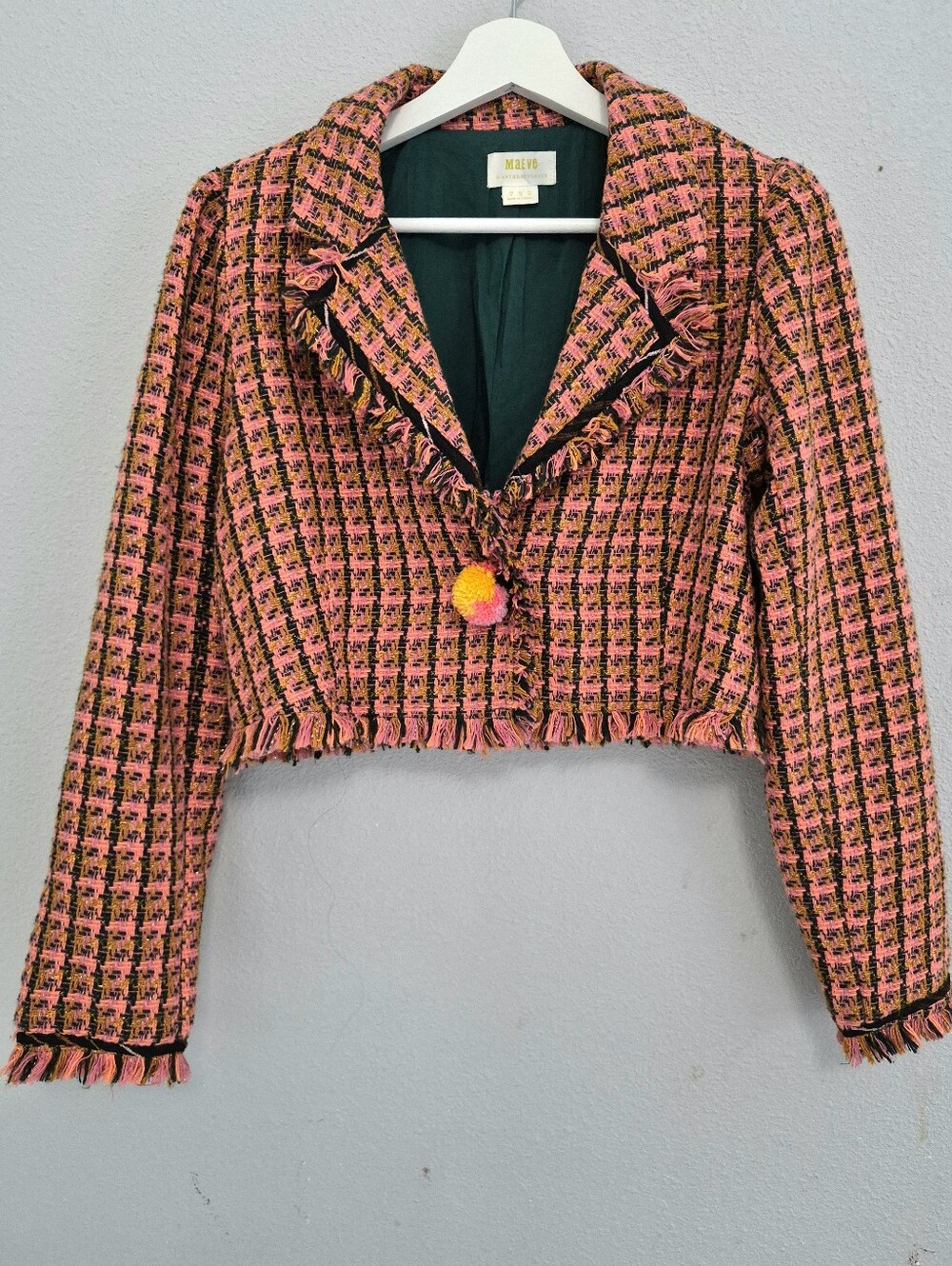 Maeve Pink & Black Tweed Cropped Blazer with Pom Detail